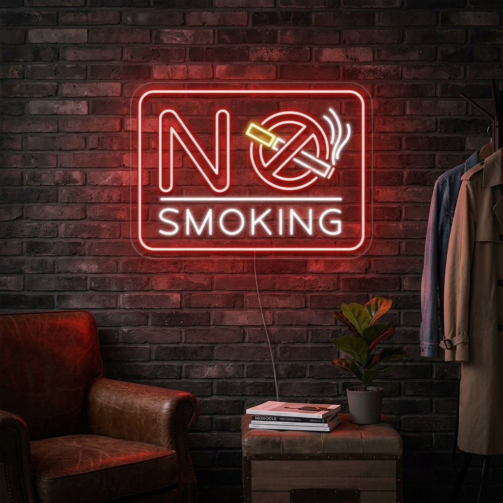 A bright red 'No Smoking' sign illuminated with classic neon styling on a contemporary wall setting.