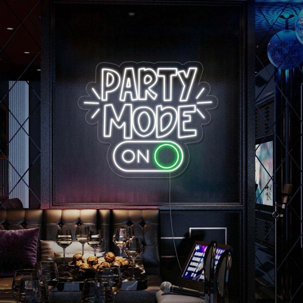 A vibrant 'Party Mode On' neon sign glowing in bright pink script over a home bar setup, casting light on cocktails and partygoers in the background.