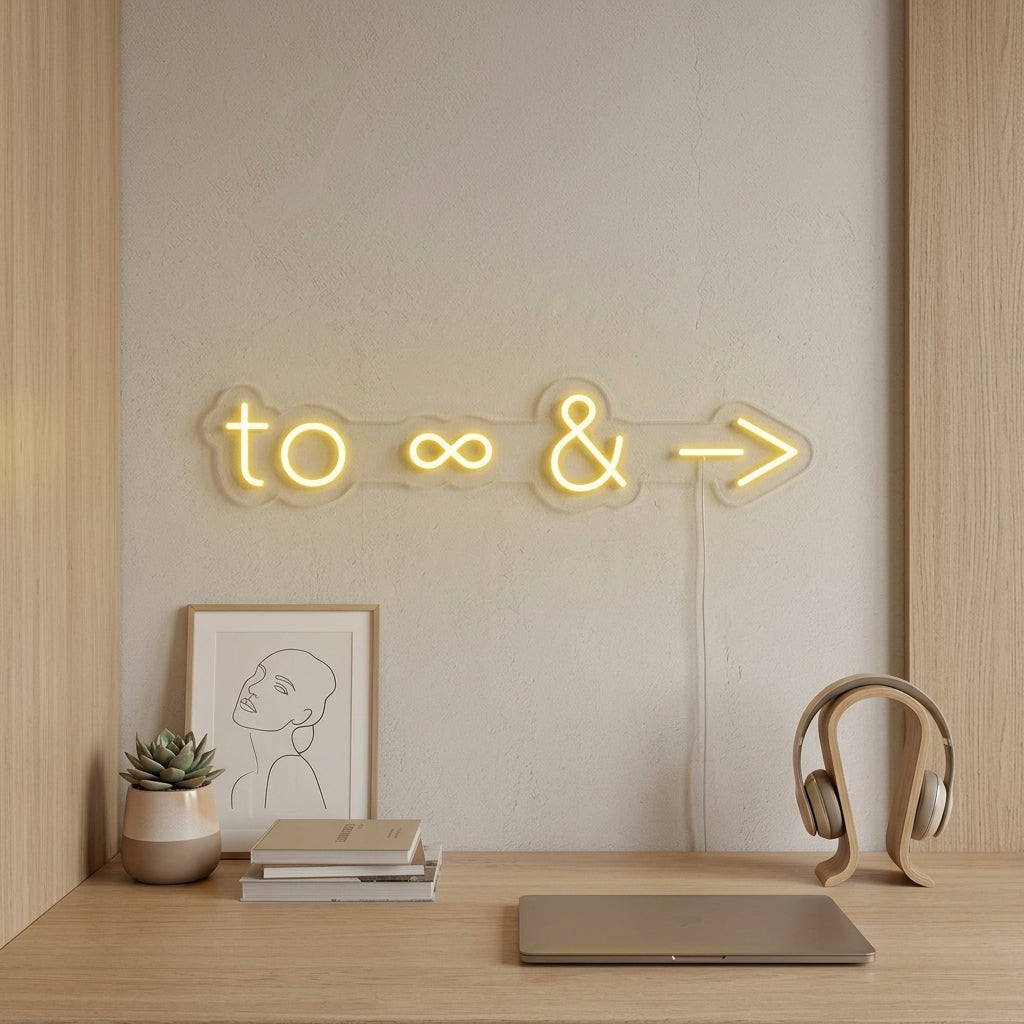 A lifestyle photo showing the glowing 'To Infinity and Beyond' neon sign on a bedroom wall above a shelf with toys.