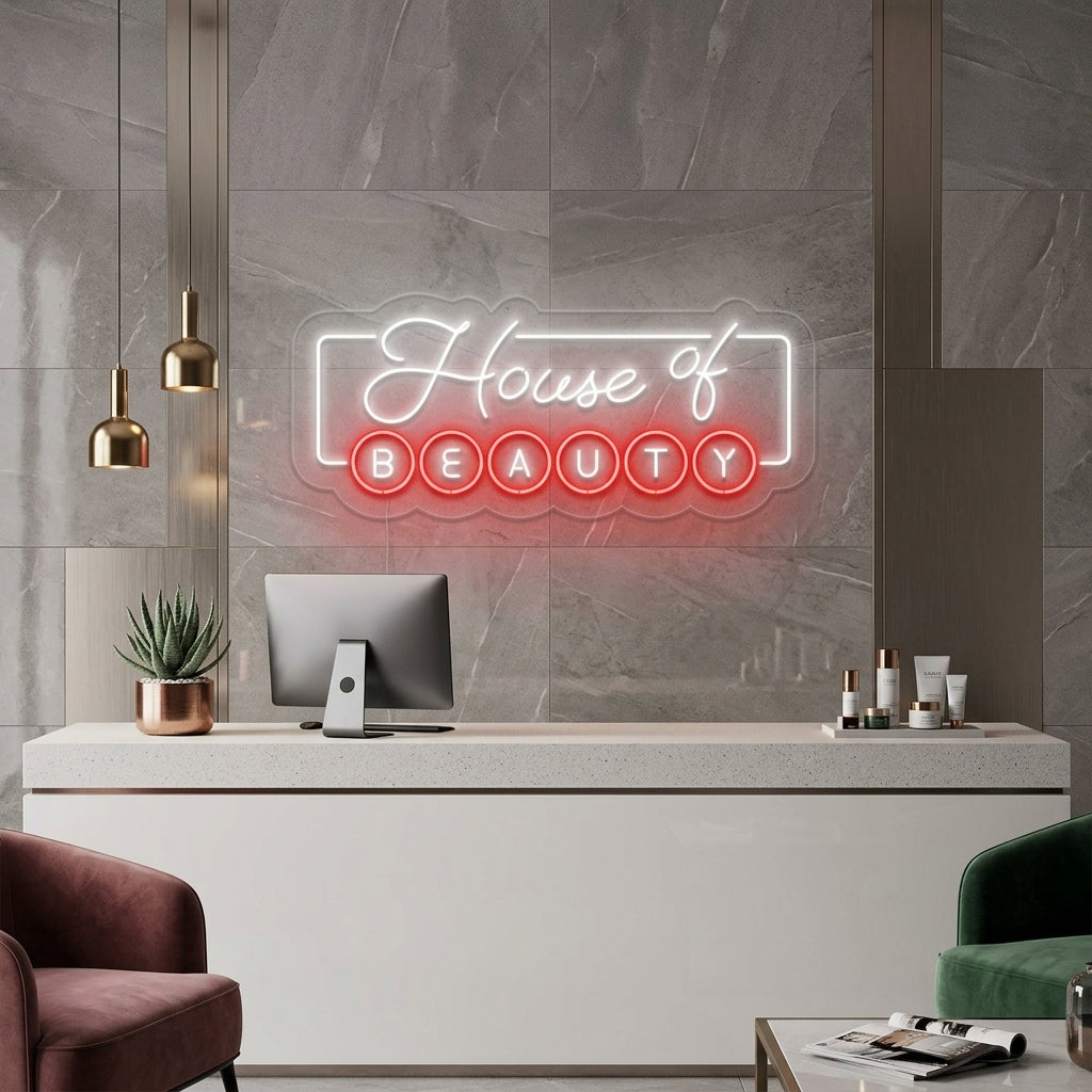 The 'House of Beauty' neon sign glowing with a warm pink light on a textured salon wall above a stylish modern armchair.