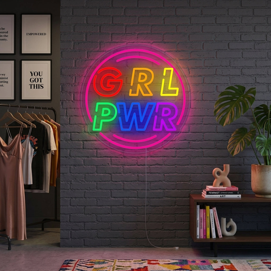 A lifestyle shot of the lit "Girl Power with Circle" neon sign on an interior wall.