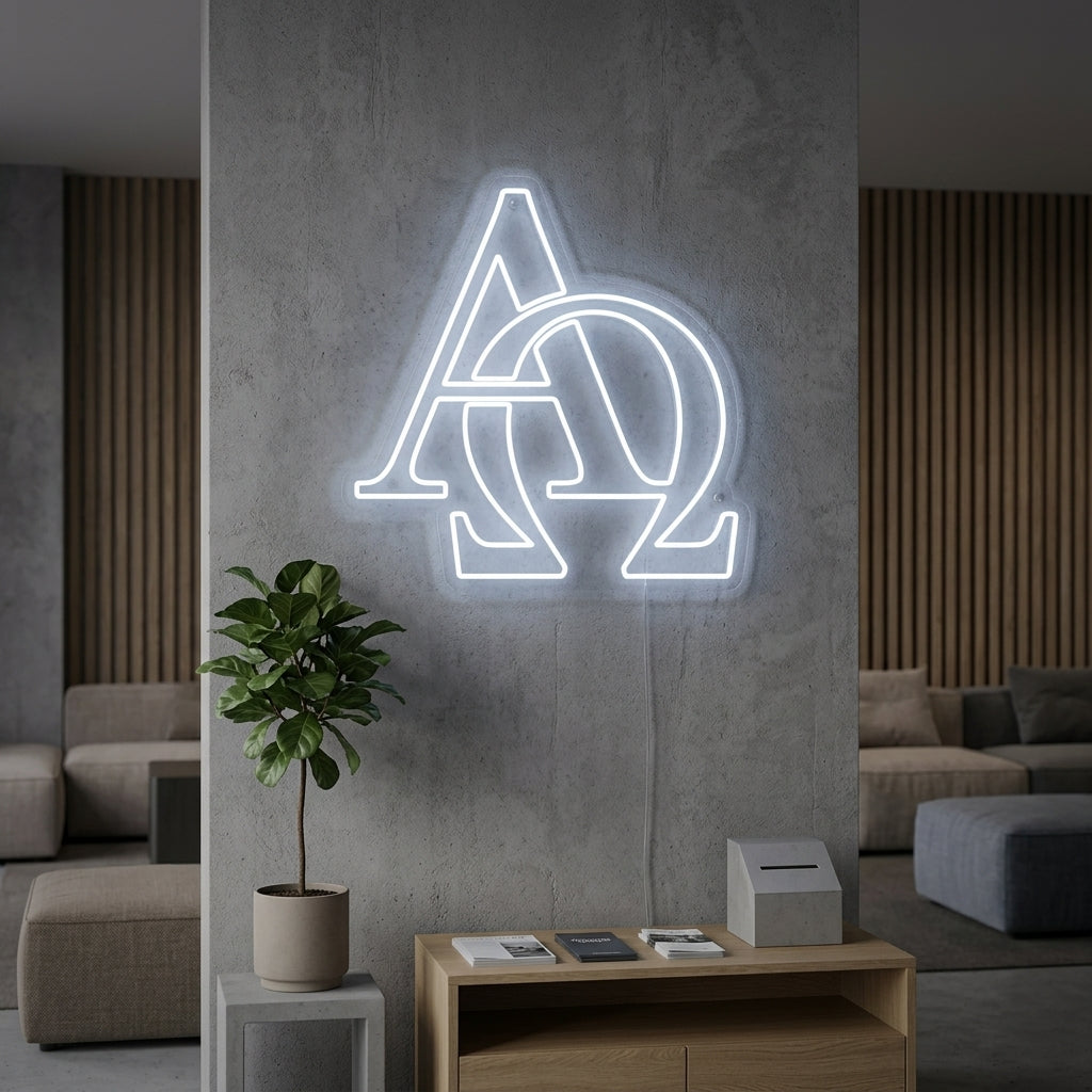 A lifestyle photo showing a Christian Alpha Omega symbol neon sign glowing blue on a textured stone wall in a dimly lit, contemporary living area.