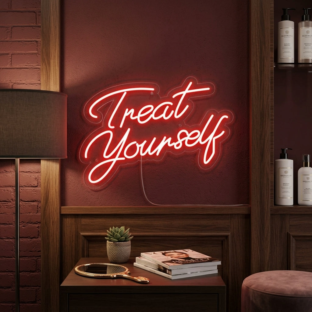 A glowing 'Treat Yourself' neon sign above a modern white shelf with cosmetic products and a mirror.