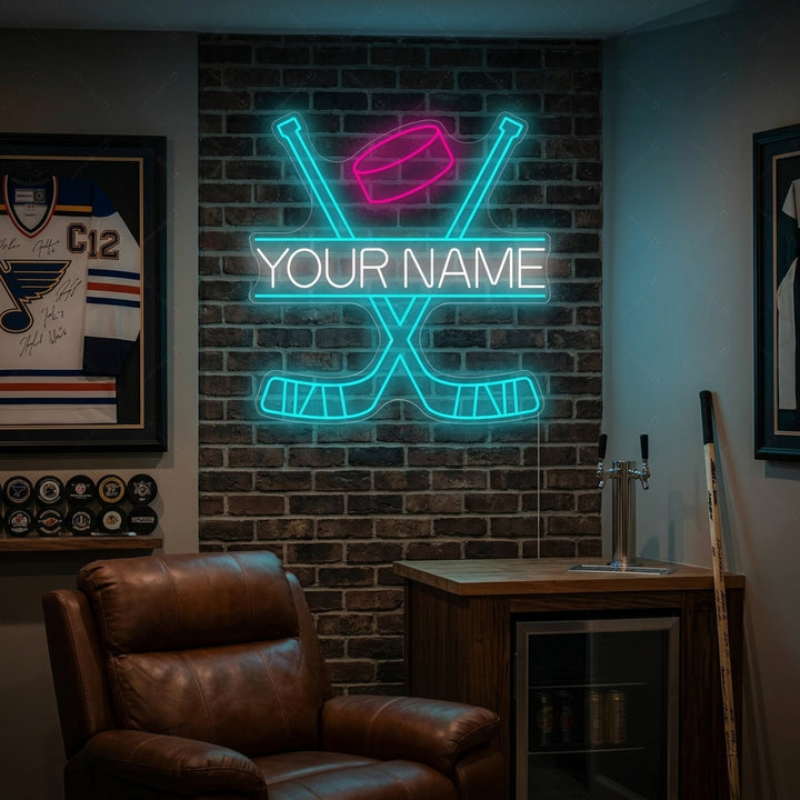 A custom crossed hockey sticks neon sign glowing with a vibrant light, mounted on a wall in a lifestyle setting.