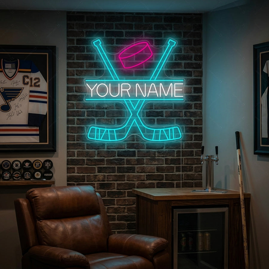 A custom crossed hockey sticks neon sign glowing with a vibrant light, mounted on a wall in a lifestyle setting.