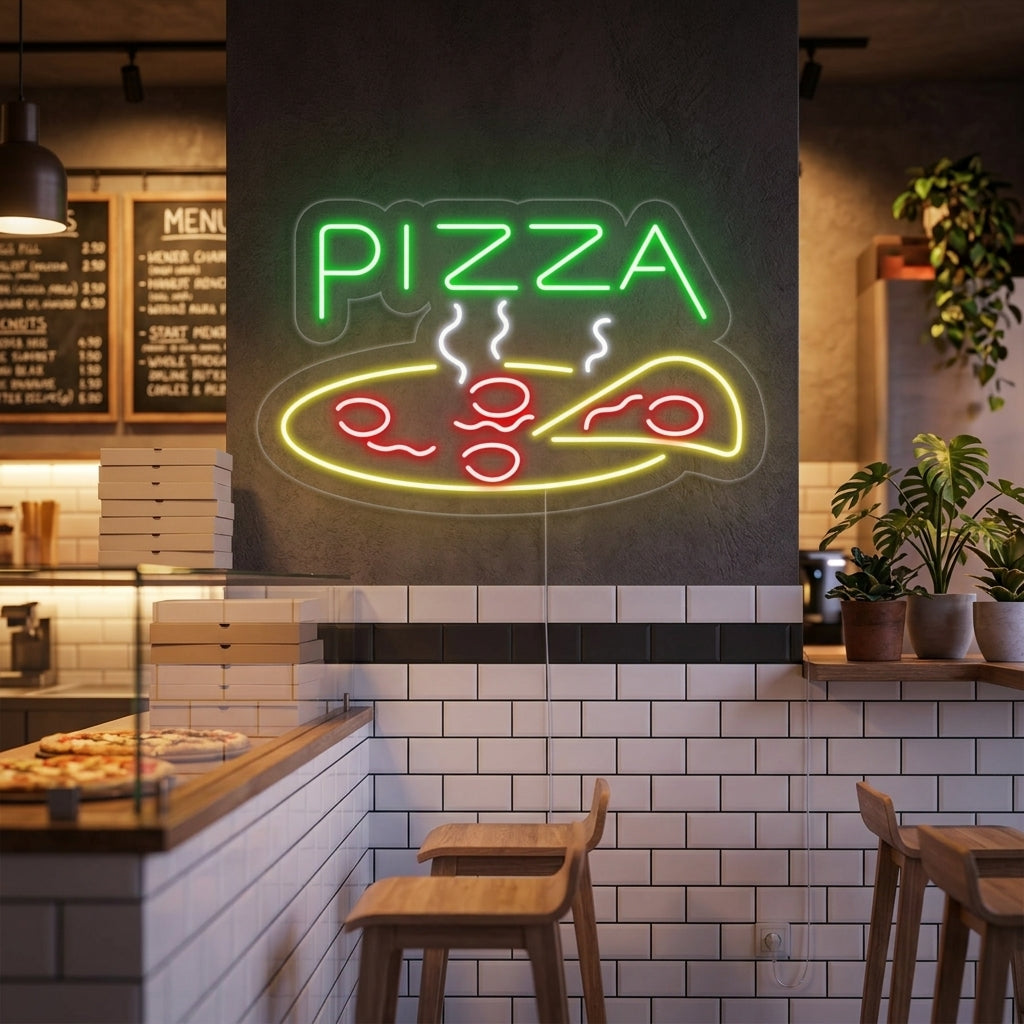 Glowing 'Pizza Restaurant Open' neon sign with text and a pizza slice graphic illuminating a restaurant dining area at night.