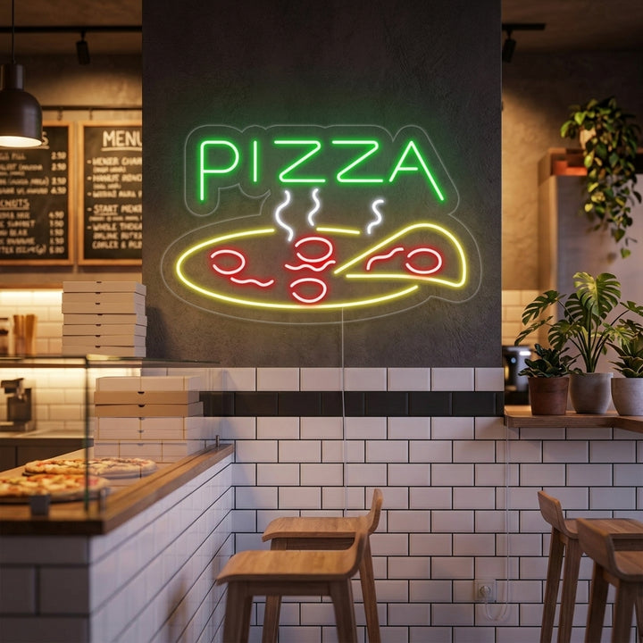 Glowing 'Pizza Restaurant Open' neon sign with text and a pizza slice graphic illuminating a restaurant dining area at night.