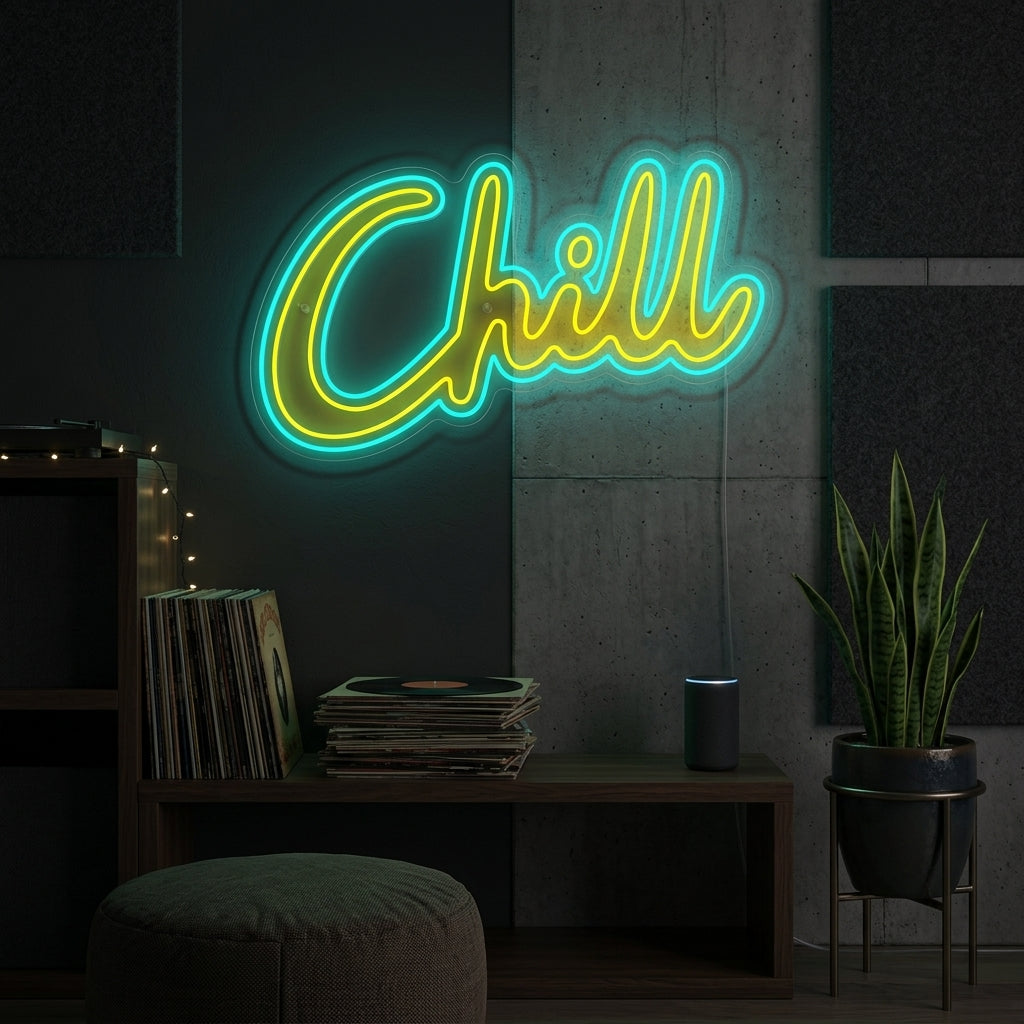 A glowing 'Chill' script neon sign illuminates a cozy, modern living room corner.