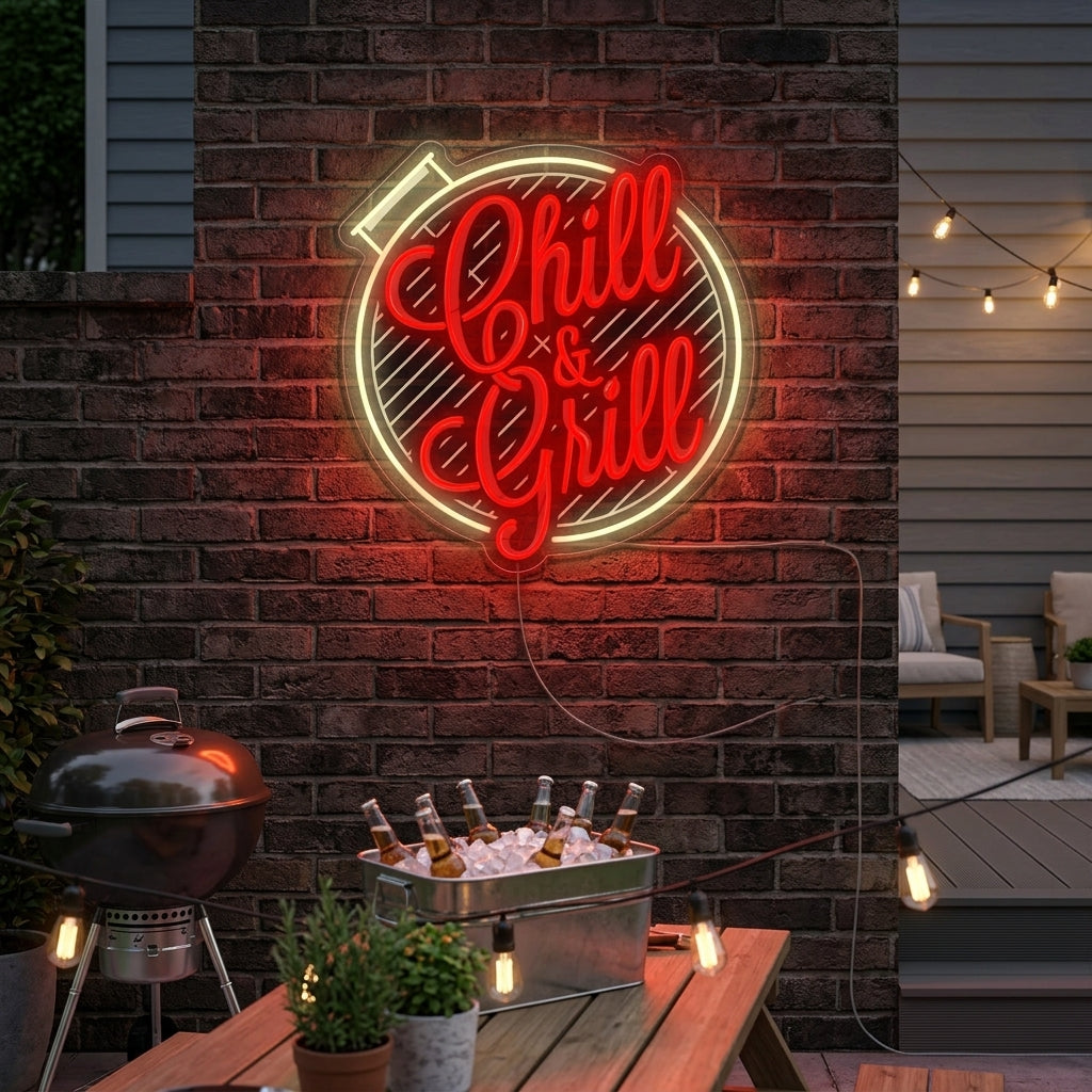 A glowing 'Chill And Grill' neon sign mounted on a textured brick wall in a cozy patio setting with a barbecue grill in the background.