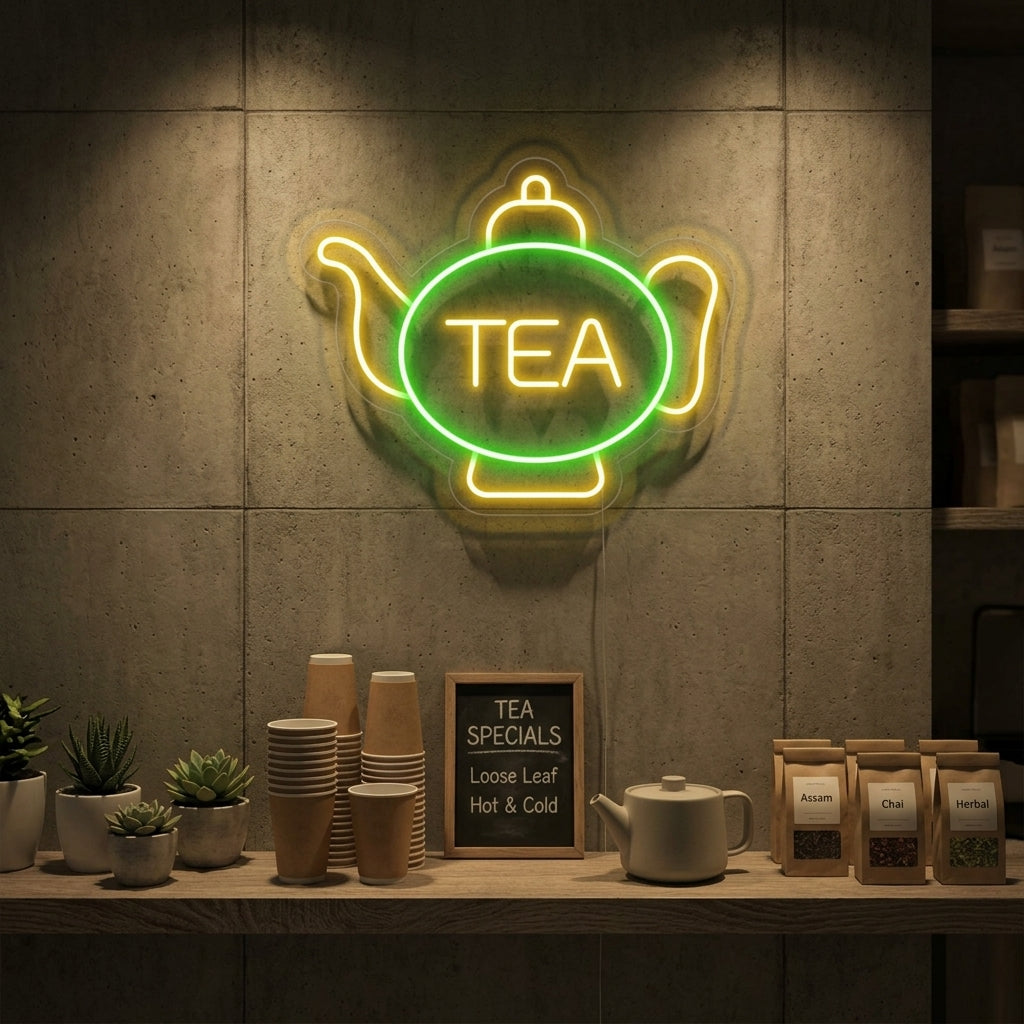 Decorative white neon sign depicting a teacup and steam mounted on a rustic wooden wall above a cozy cafe corner with a small table.