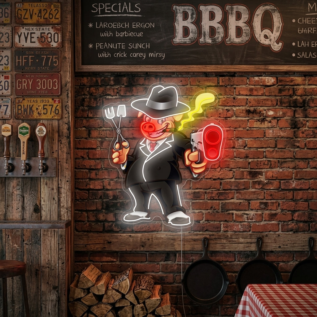 A bright, illuminated neon sign featuring a glowing blue and yellow stylized pig grilling on a red barbecue kettle grill against a plain wall.