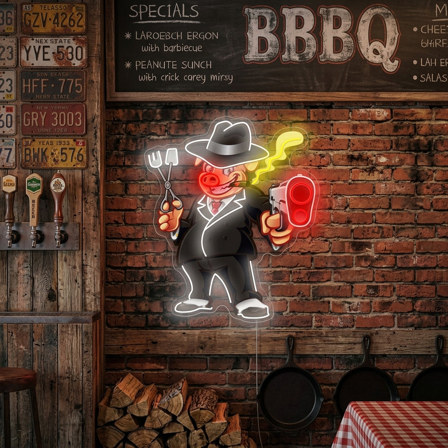 A bright, illuminated neon sign featuring a glowing blue and yellow stylized pig grilling on a red barbecue kettle grill against a plain wall.