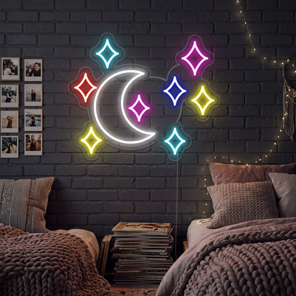 Moon and Star Neon Sign glowing in a cozy bedroom setting, above a bedside table with books and plants