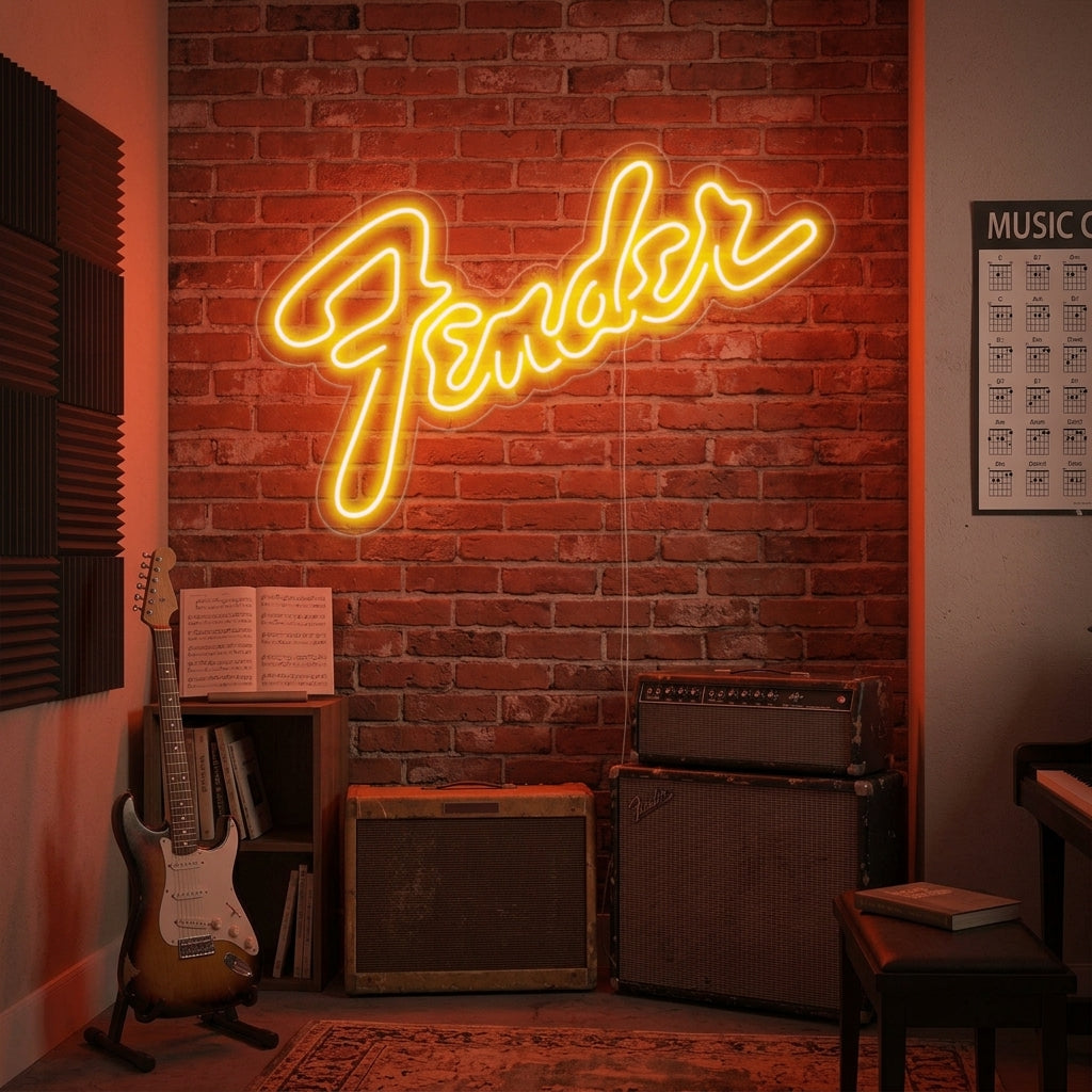 Fender neon sign glowing on a brick wall in a lifestyle setting