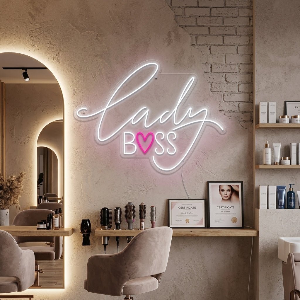 Lady Boss neon wall decor glowing above a vanity setup in a stylish room.