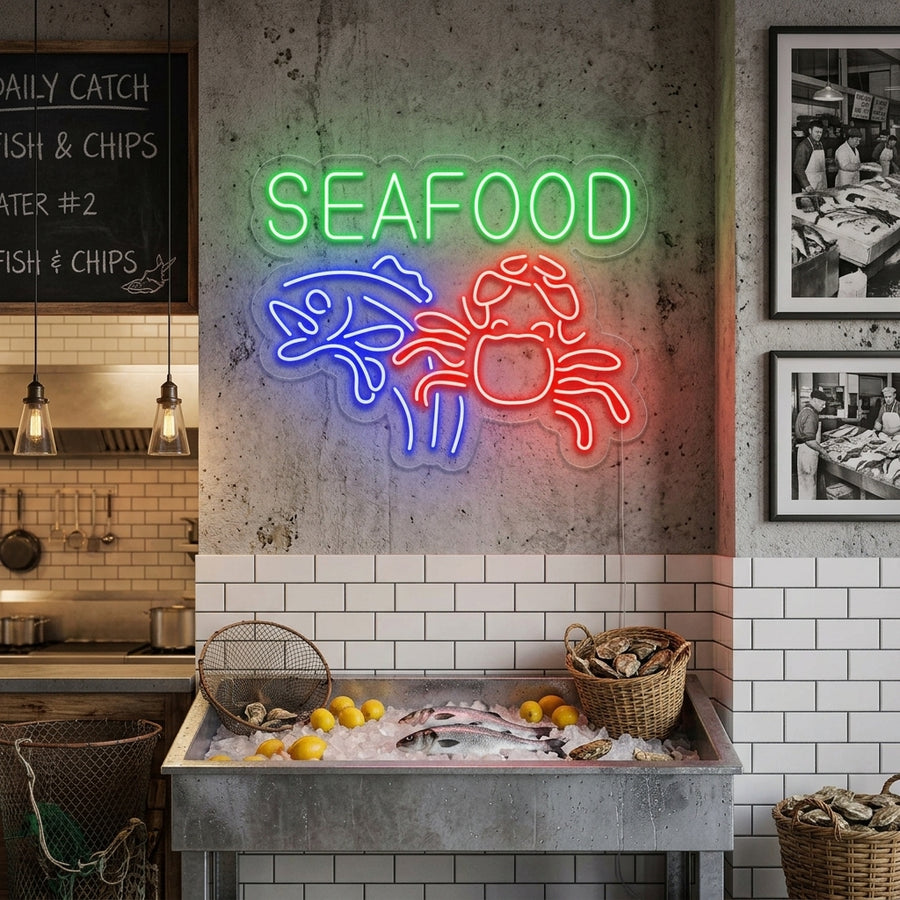 Seafood Crab Fish neon sign glowing on a textured brick wall, showing blue and red tubes.