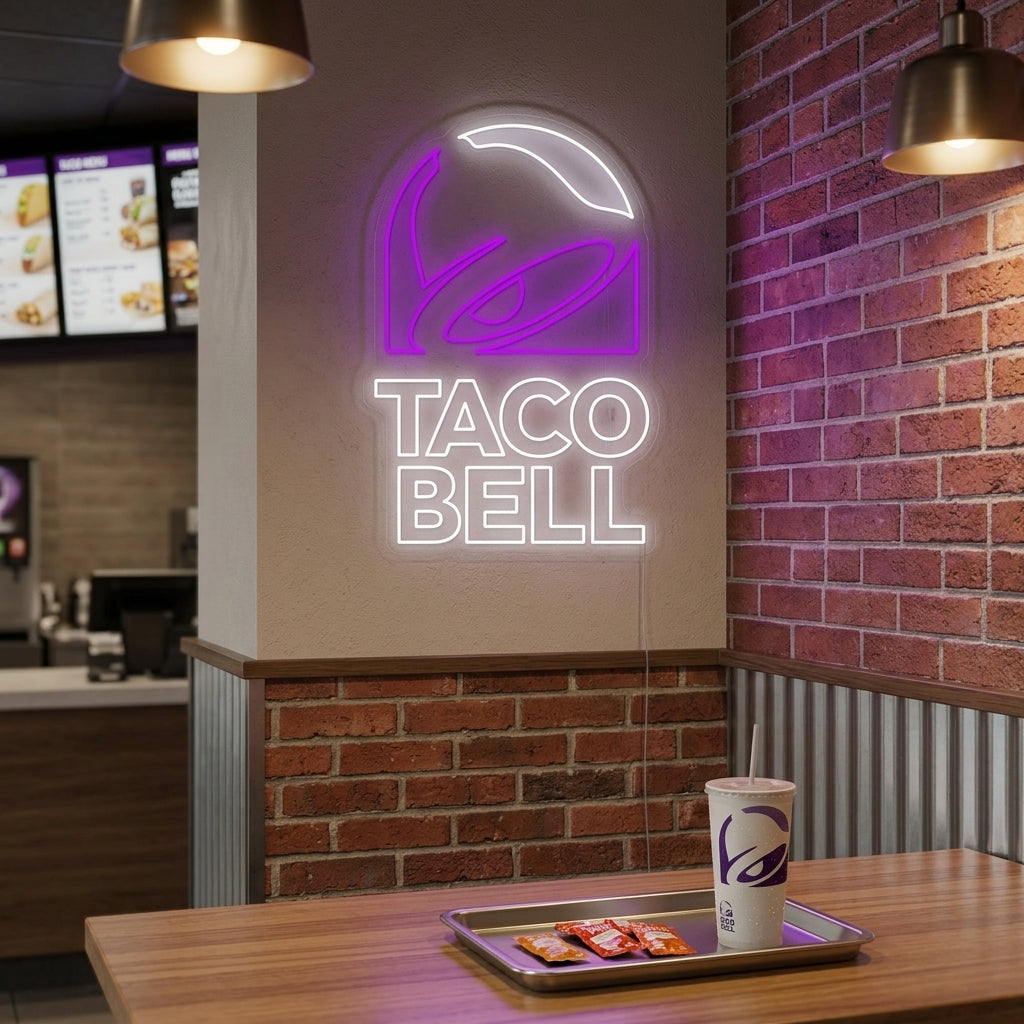 A vibrant 'Taco Bell' neon sign with a tacos graphic glowing brightly in a modern kitchen setting.
