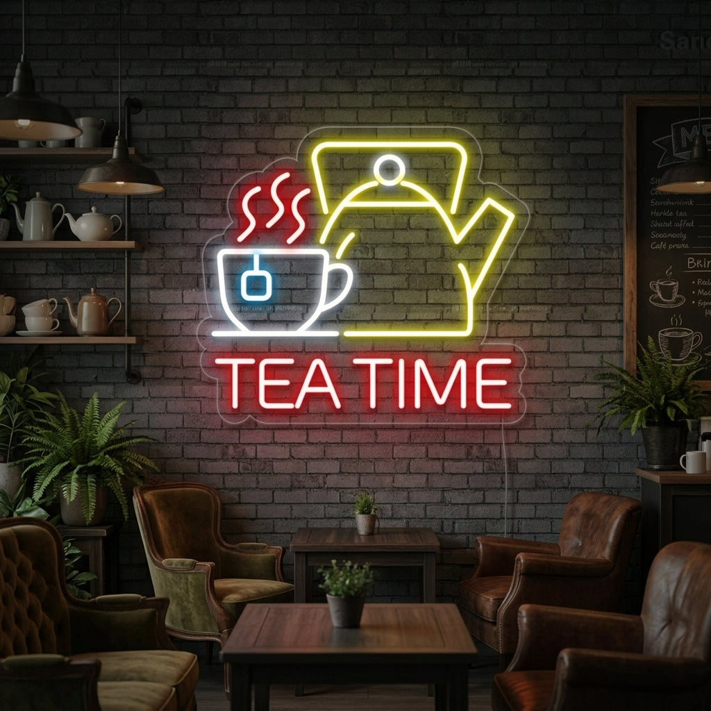 Cozy kitchen scene featuring a warm glowing 'Tea Time' neon sign on a styled shelf above a teapot and cups.