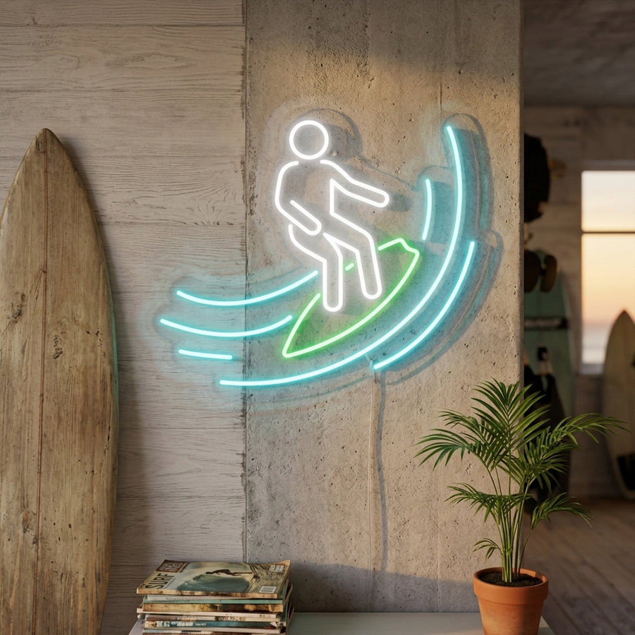 A glowing Surfer neon sign showing a surfer riding a wave on a rustic beach hut wall.