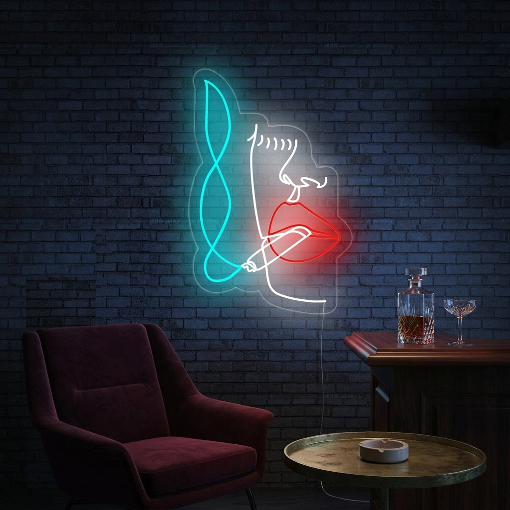 Stylish glowing neon sign of a smoking woman's silhouette mounted on a bedroom wall above a bedside table.