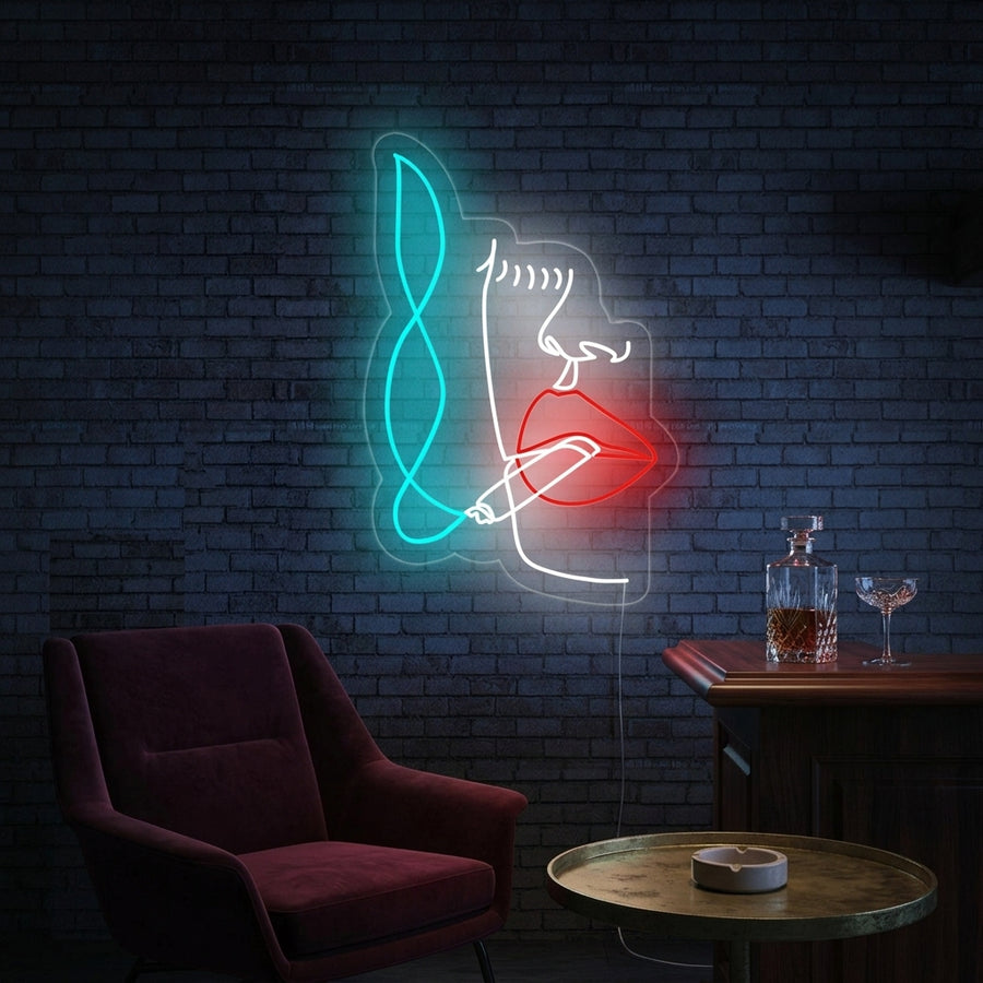 Stylish glowing neon sign of a smoking woman's silhouette mounted on a bedroom wall above a bedside table.