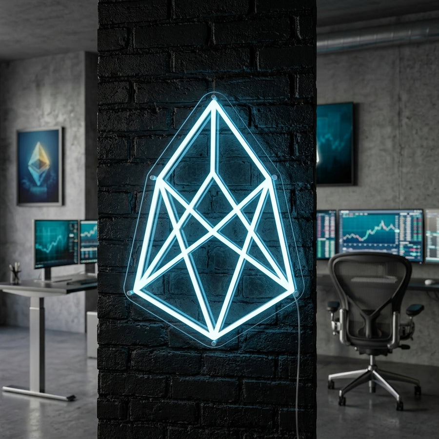 Illuminated EOS Coin neon sign displaying the EOS logo and name, mounted on a textured wall in a home office setting.