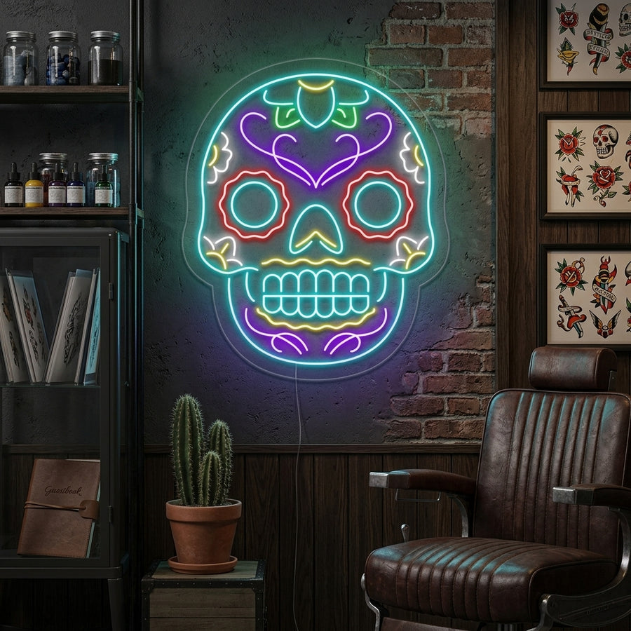 A vibrant glowing neon sign of a skull with traditional tattoo style roses on a brick wall in a lifestyle setting.