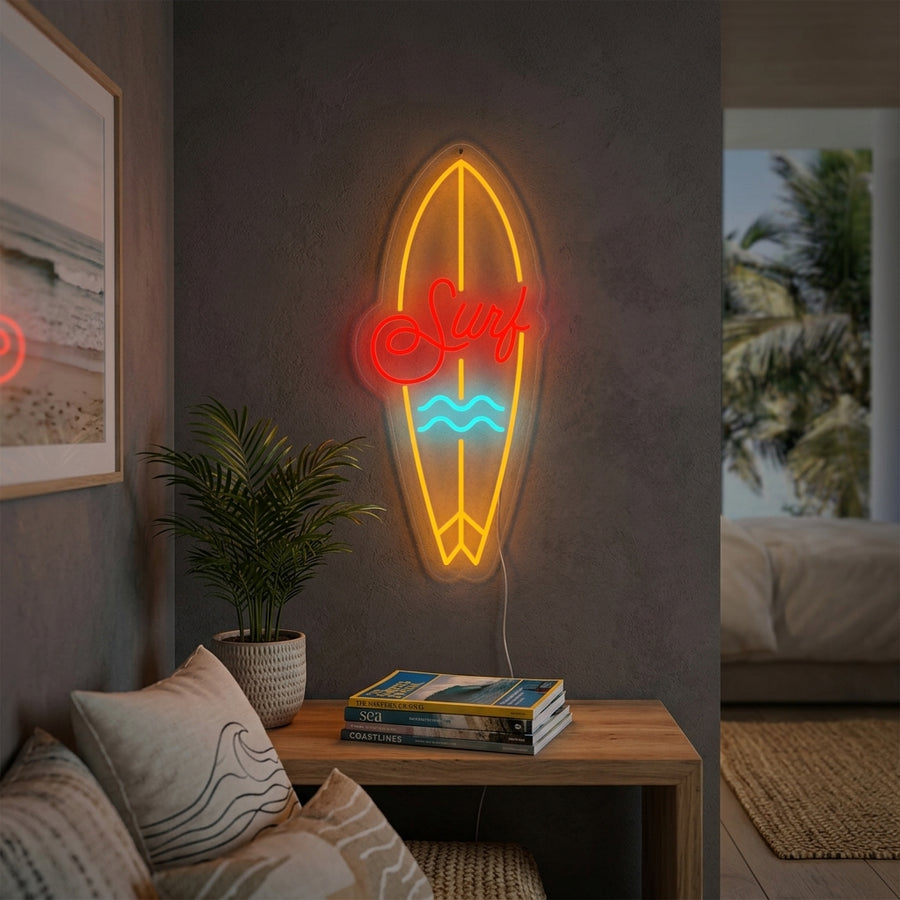 A glowing neon sign depicting a surfboard with fins against a rustic wooden wall.