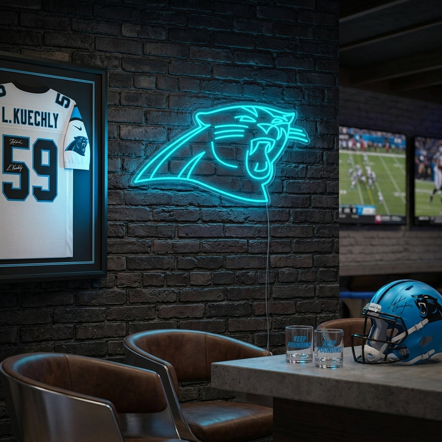 Handcrafted Panthers neon sign glowing in a modern living room setting