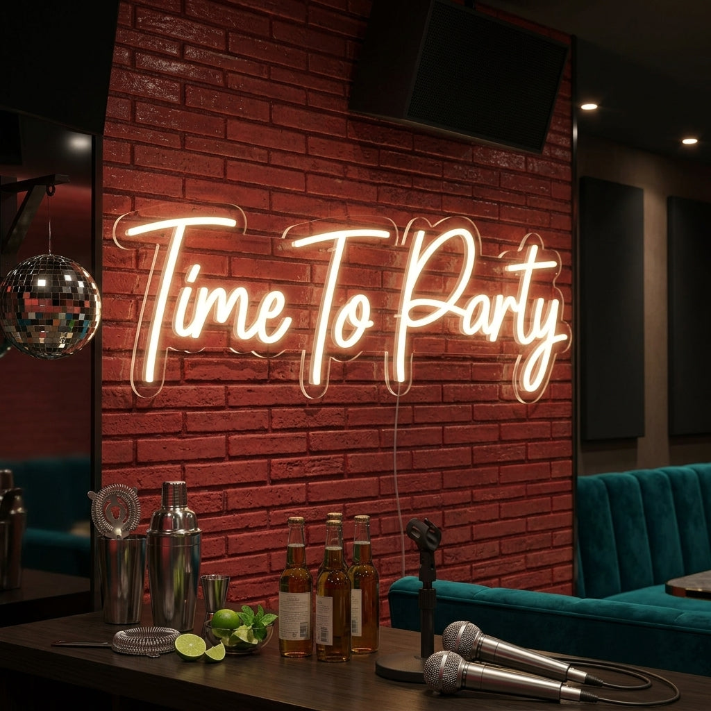 A vibrant 'Time To Party' neon sign mounted on a textured dark brick wall above a styled home bar setup, creating a lively atmosphere.