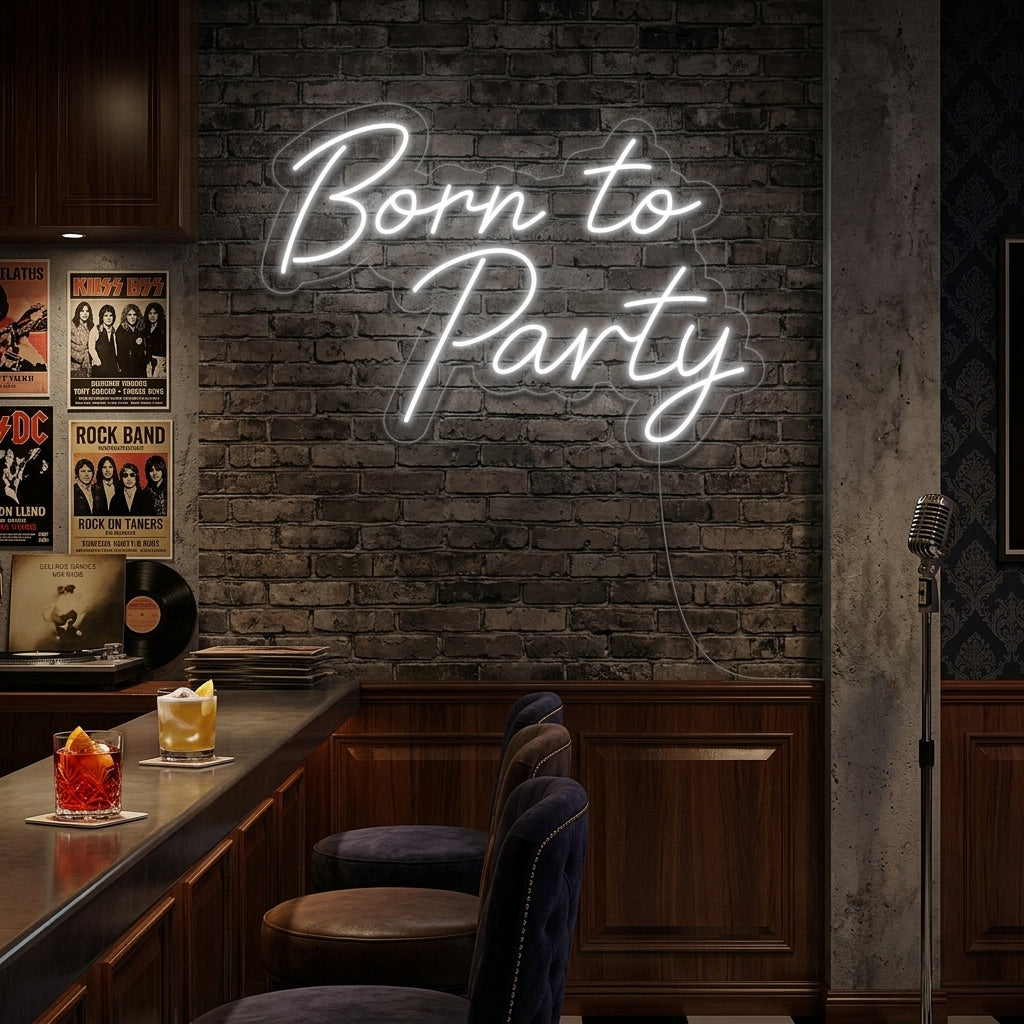 A vibrant 'Born To Party' neon sign mounted on a dark brick wall above a styled home bar setup, creating an energetic ambiance.