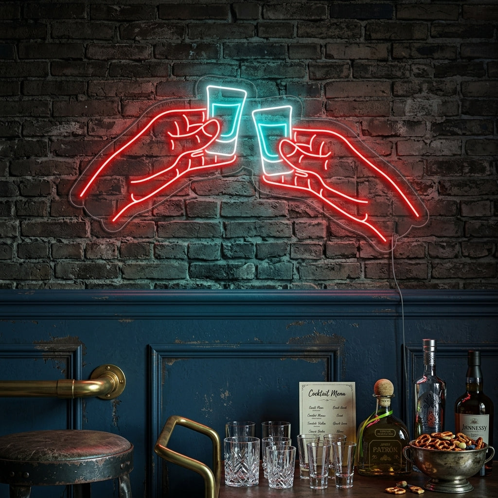 A vibrant neon wall sign showing two hands clinking shot glasses against a dark textured wall, creating a lively atmosphere.