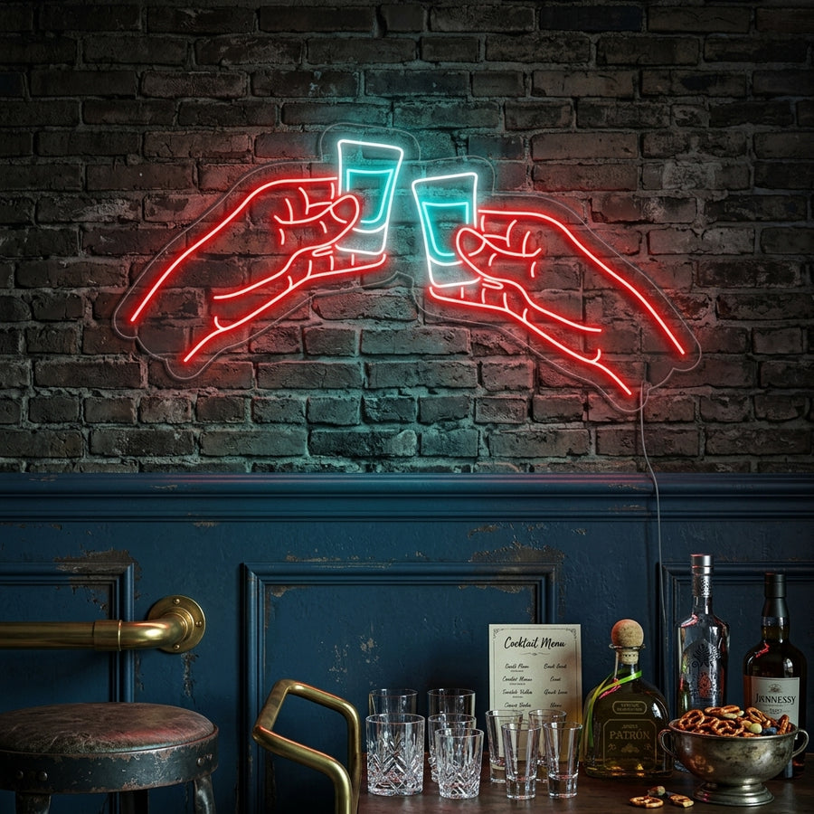 A vibrant neon wall sign showing two hands clinking shot glasses against a dark textured wall, creating a lively atmosphere.