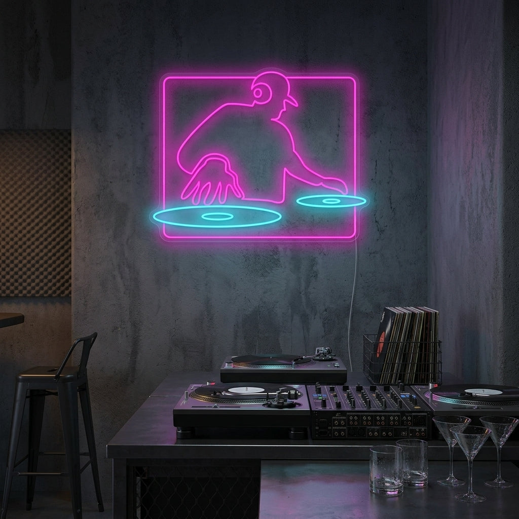 A vibrant 'DJ Playing' neon sign glowing brightly on a textured wall within a dimly lit, energetic nightclub environment.