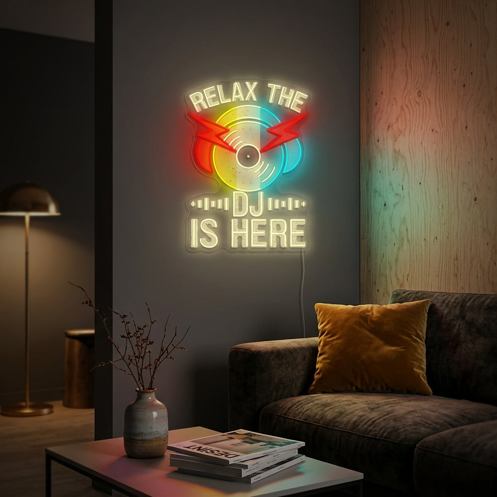 A vibrant 'Relax The Dj Is Here' neon sign glowing above a modern DJ booth set up with professional mixers and turntables.