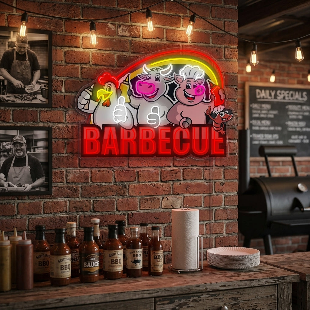 A vibrant 'Barbecue' UV printed neon sign displaying stylized glowing letters and intricate BBQ-themed graphics on a rustic brick wall above a dining setup.