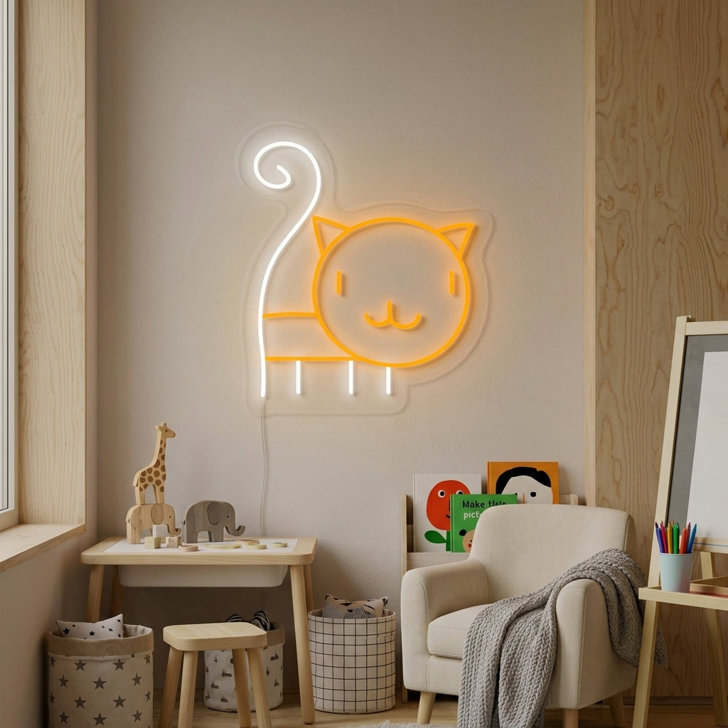 Adorable cat kitty neon sign glowing with a warm pink light on a textured wall in a tastefully decorated kids' bedroom, illuminating plush toys and books on nearby shelves.