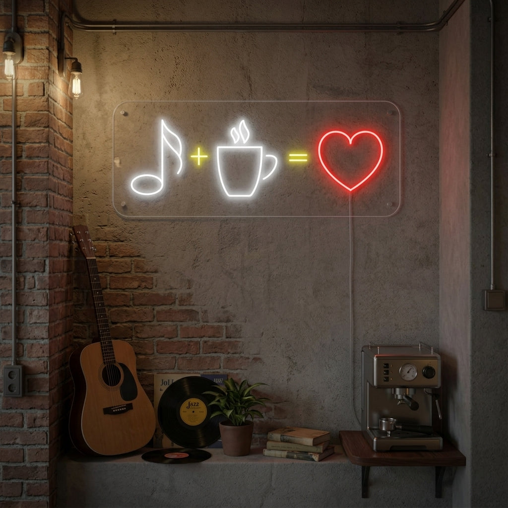 A glowing warm white neon sign that reads 'COFFEE MUSIC LOVE' in a modern, looping script. The sign is mounted on a textured brick wall, creating a cozy atmosphere in a cafe setting.