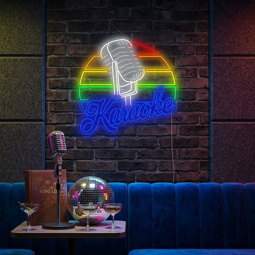 A vibrant 'Karaoke' neon sign with a microphone graphic glowing pink, orange, and blue on a textured stone wall, illuminating a cozy karaoke lounge setting with microphones and seating in the background.