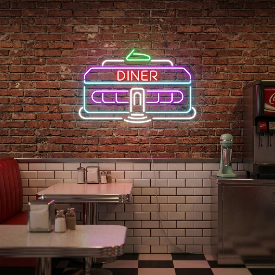 Diner Car 1950 classic retro neon sign glowing on a brick wall in a vintage-themed restaurant