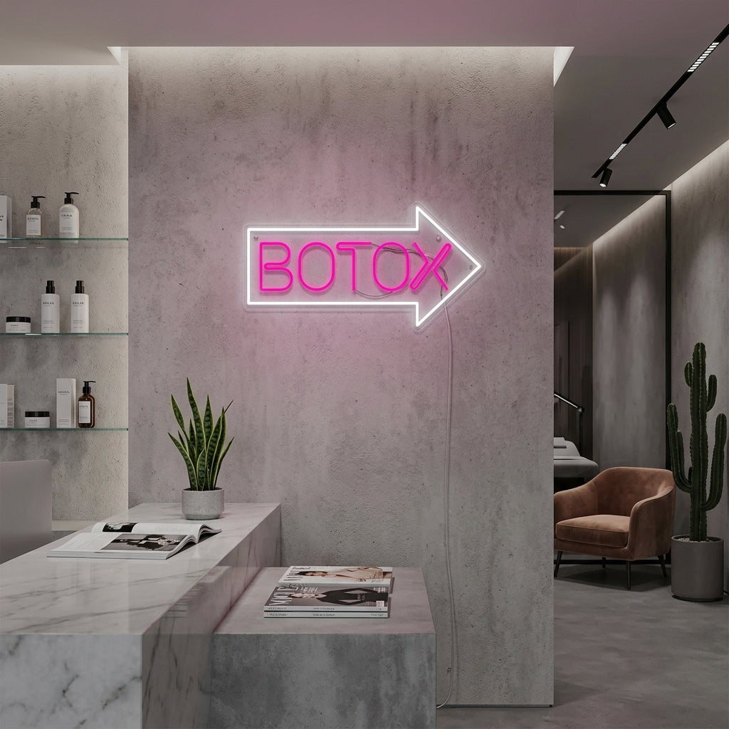 A 'Botox Beauty Salon' neon sign glowing brightly on a decorated wall within a modern salon interior.