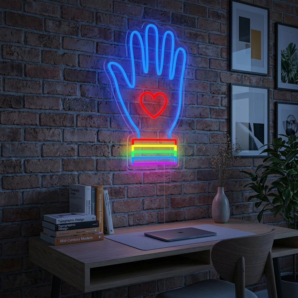 A vibrant, hand-shaped neon sign glowing brightly in rainbow colors against a neutral wall.