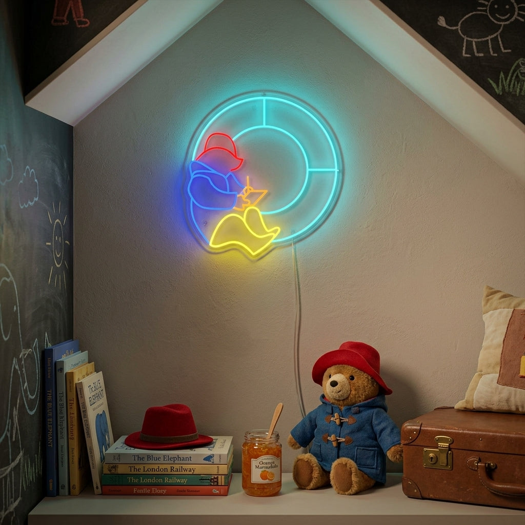 A vibrant glowing neon sign featuring the silhouette profile of the PDT Bear character, mounted on a wall in a cozy room setting.