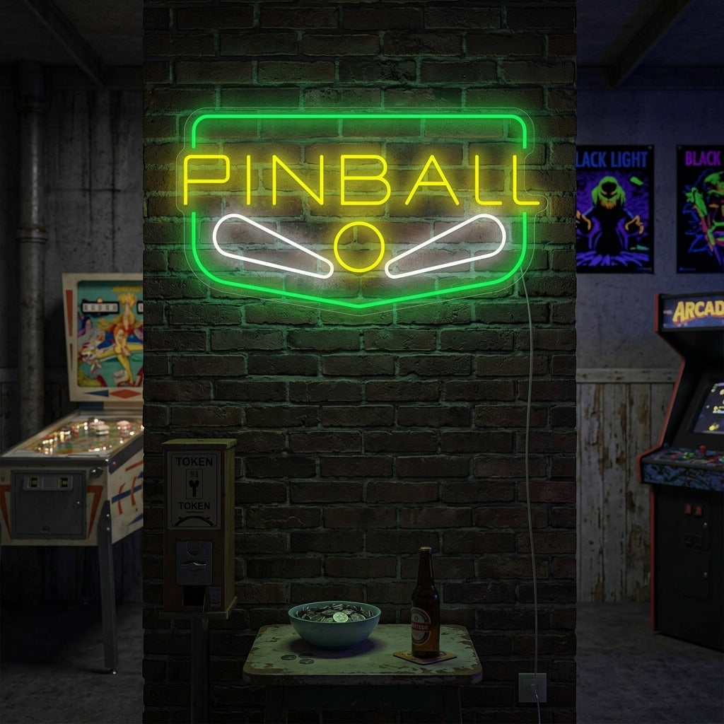 A vibrant 'Pinball' neon sign glowing red and blue on a wall in a modern room setting.