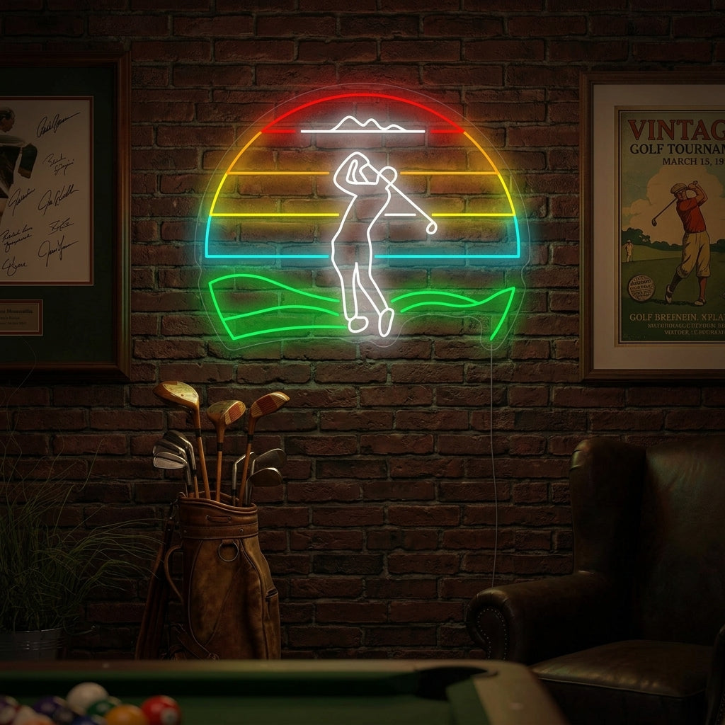 Vintage-style golf player neon sign glowing on a textured stone wall in a dimly lit man cave.