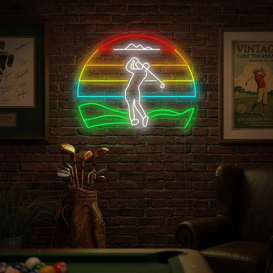 Vintage-style golf player neon sign glowing on a textured stone wall in a dimly lit man cave.