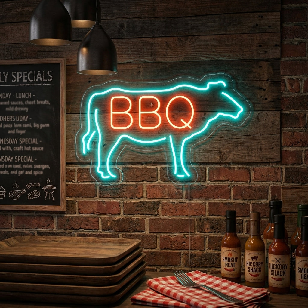A glowing 'BBQ COW' neon sign in a rustic brick wall restaurant setting