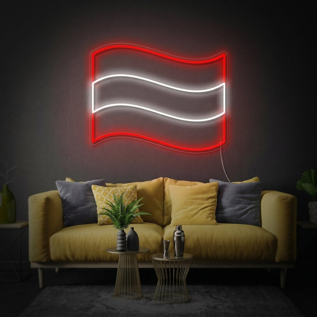 A vibrant Flag of Austria neon sign glowing with bright red and white horizontal stripes, hanging on a rustic brick wall in a cozy living room setting.
