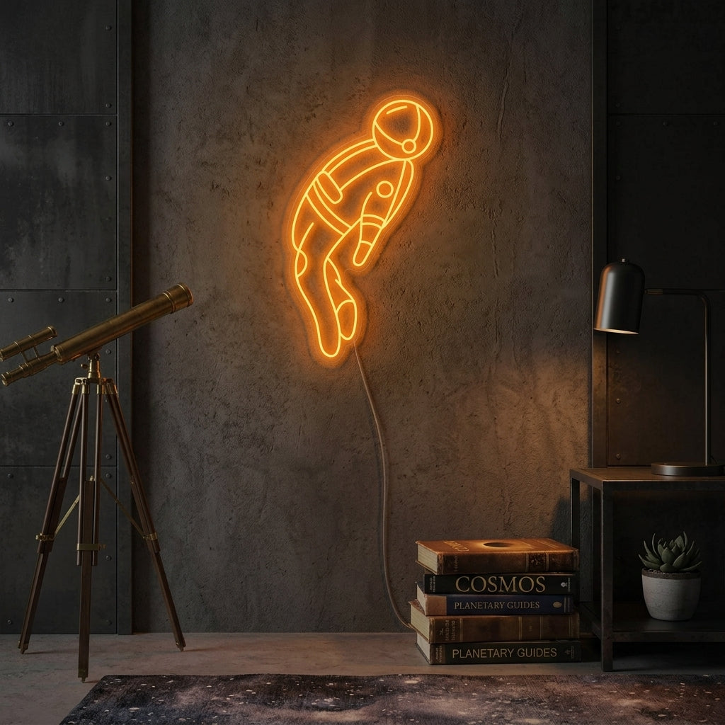A cozy bedroom setting features a glowing astronaut neon sign on the wall, with plants and shelves.