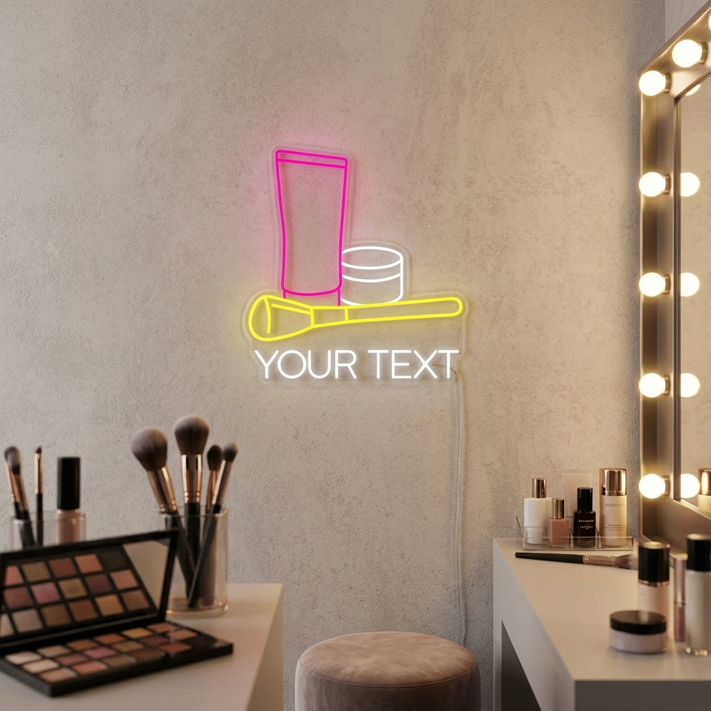 A custom glowing neon sign featuring the words 'Cosmetic Makeup Beauty Salon' in elegant cursive script, mounted on a wall in a chic salon interior with a blurred background.